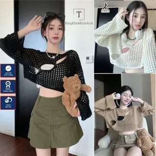 Áo Lưới Dệt Lỗ, Áo Xuông Tay Dài Form Rộng Khoét Lỗ Cổ Tròn 3 Màu Đơn Giản Trendy Phong Cách Hàn Quốc Tongkhominhanh01