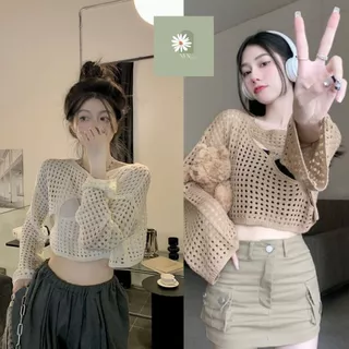 Áo Nữ, Áo Lưới Croptop Tay Dài Form Rộng, Áo Dệt Kim Cổ Tròn Khoét Lỗ Trước Phối 2 Dây Năng Động Nữ Tính NVNshop