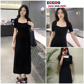 Đầm suông chất cotton cổ vuông tay ngắn dáng dài - Váy suông trơn tay cách điệu co dãn from rộng thời trang-ECCO