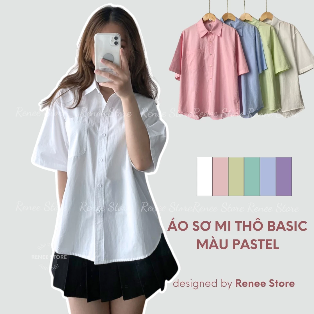 Áo sơ mi tay ngắn basic màu pastel chất thô mềm Renee Store - AS4030