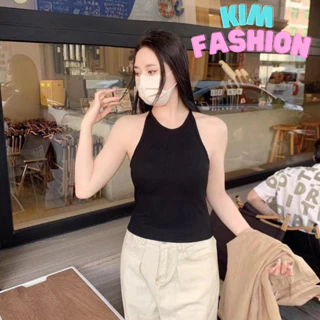 Áo croptop kiểu cổ yếm thiết kế mút ngực dày dặn Kim Fashion, Áo thun nữ chất tăm lạnh trẻ trung năng động