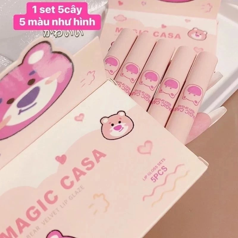 Set 5cây Son gấu dâu Kem Nhung Lì Lâu trôi Không Dính Cốc MAGIC CASA

