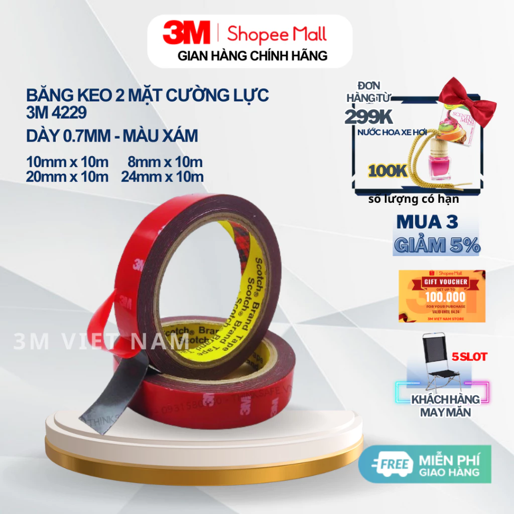 Băng Keo cường lực 2 mặt  3M™  Acrylic Foam Tape 4229P- Độ bám dính cao, lắp ráp nội ngoại thất, vật dụng gia đình....