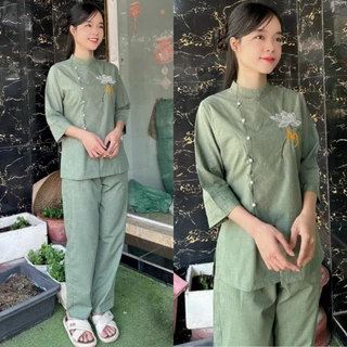 CÓ BIGSIZE 3XL Set bộ nữ kate, tixi thêu An lục cúc nút ngọc đồ lam đi chùa