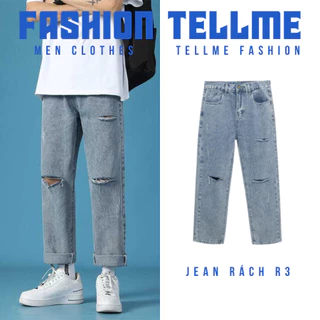 Quần Jean Nam Dáng Baggy Rách Gối R3 Tellme Fashion, Quần Jean Nam Ống Suông Chất Liệu Dày Dặn Cao Cấp