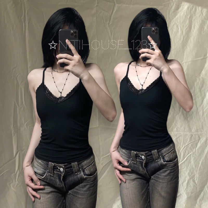 [MadebyNiti] Áo Cami 2s 2 dây Viền Ren Lửng Ôm