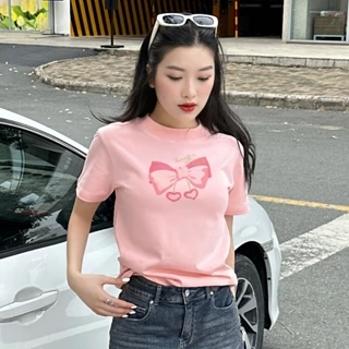 Áo Thun Baby Tee LoveStudio Dáng Ôm Tay Ngắn 100% Cotton Premium Nơ Hồng Benefits Lamour [A248]