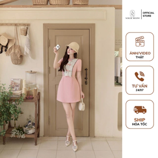 Đầm Tiểu Thư Thiết Kế SOLEIL ROOM Cổ Tròn Phối Nơ Hồng BABE DRESS