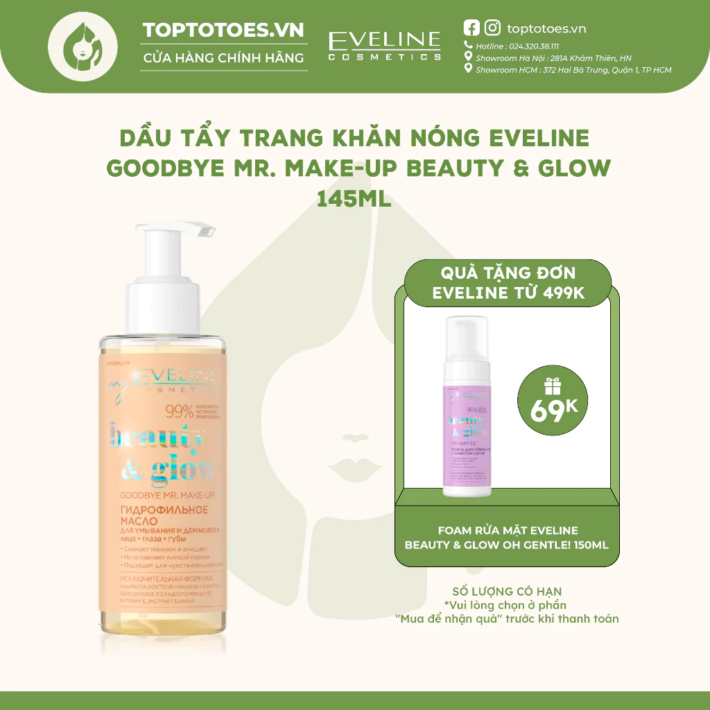 Dầu tẩy trang khăn nóng Eveline Goodbye Mr. Make-up Beauty & Glow làm sạch sâu, nuôi dưỡng da 145ml