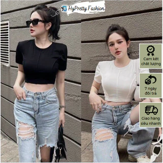 Áo thun ôm nữ croptop cổ tròn viền nổi HYPRETTY02