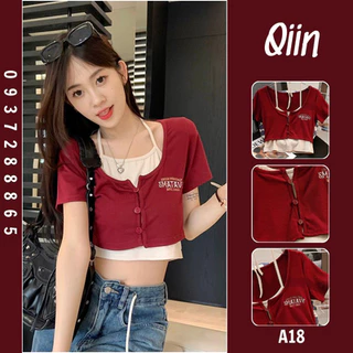 Set áo croptop tay ngắn nữ cổ chữ U thêu chữ kèm áo yếm - QIIN BOUTIQUE A18