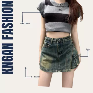 Quần đùi giả váy Jean nữ trơn túi hộp Bigsize Kngan từ 55kg-85kg, Quần short bò giã váy lưng cao túi hộp bigsize MS2041