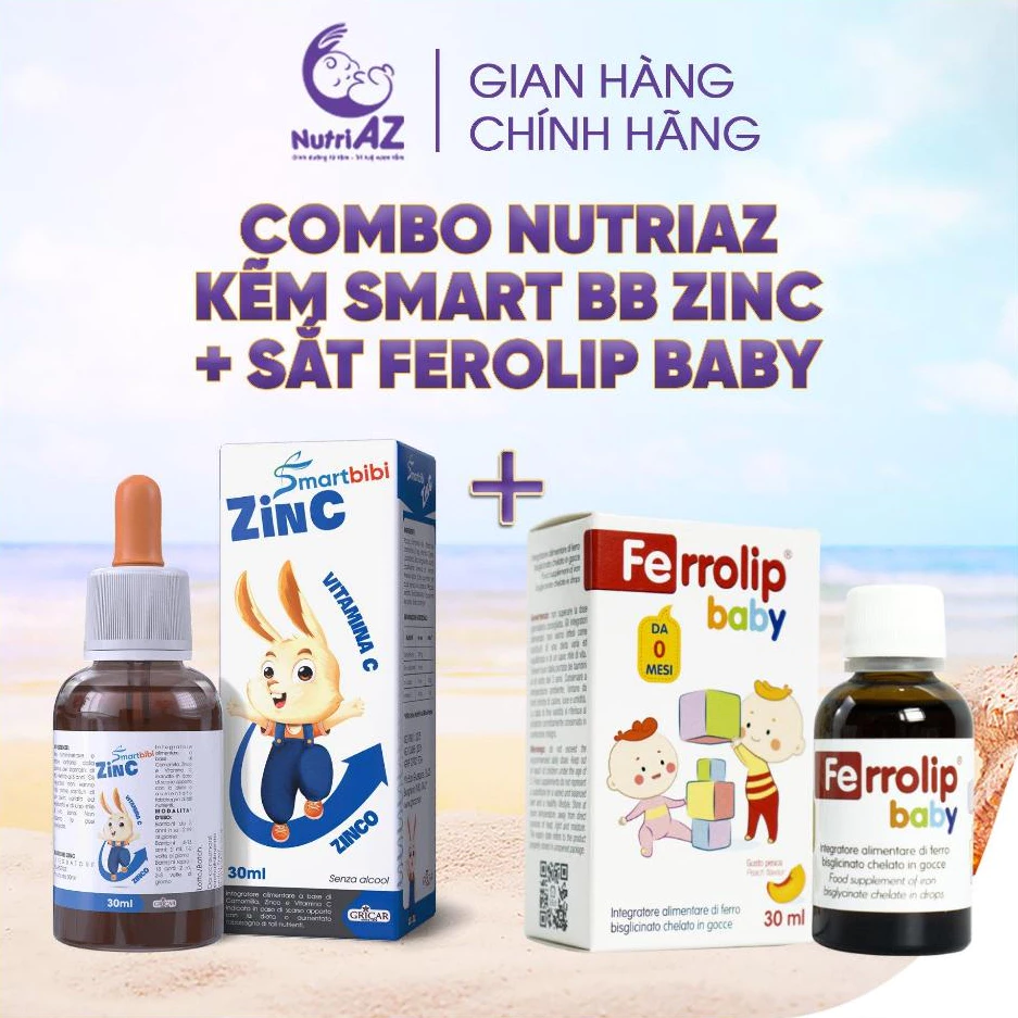 [COMBO SẮT + KẼM] BỘ SẢN PHẨM KẼM SMART ZINC VÀ SẮT FERROLIP BABY CỦA NUTRIAZ BỔ SUNG VI CHẤT CHO TRẺ NHỎ Cho Bé