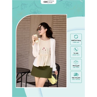 Áo kiểu set on set kem ODS thiết kế lớp trong babydoll cổ tròn thêu hoa, lớp ngoài giả cardigan năng động - SIB14