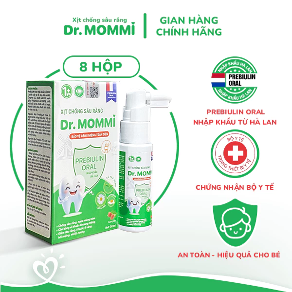 Combo 8 hộp xịt chống sâu răng Dr. Mommi, có Prebiulin Oral nhập khẩu từ Hà Lan, ngừa sâu răng, sạch mảng bảm, an toàn.