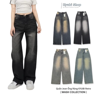 Quần jean dài ống rộng lưng cao retro túi trước màu xanh xám bạc cực chất (Có bigsize) - Quần jeans nữ suông KYUBI JK704