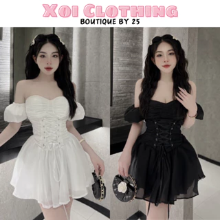 Đầm Tơ Trễ Vai Thắt Dây Eo Xinh - Đầm Dự Tiệc Sang Chảnh Dáng Ngắn Xòe Corset Có Mút Ngực K75