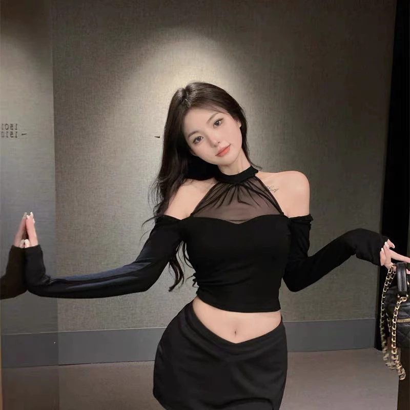 Áo kiểu thun lưới yếm croptop sexy tay dài búp bê