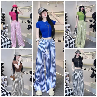 Set bộ quần dài ống rộng sọc kèm áo croptop tay ngắn chất thun co giãn thích hợp mặc đi làm đi chơi đi tiệc