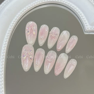 Móng úp thiết kế c915 hồng nhũ pastel dễ thương tiểu thư đính nơ chụp kỉ yếu cebi.nailbox