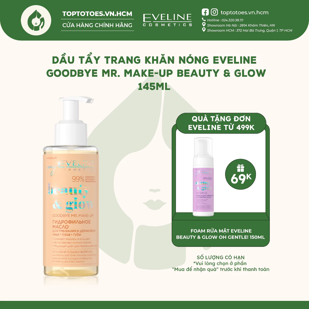 Dầu tẩy trang khăn nóng Eveline Goodbye Mr. Make-up Beauty & Glow làm sạch sâu, nuôi dưỡng da 145ml