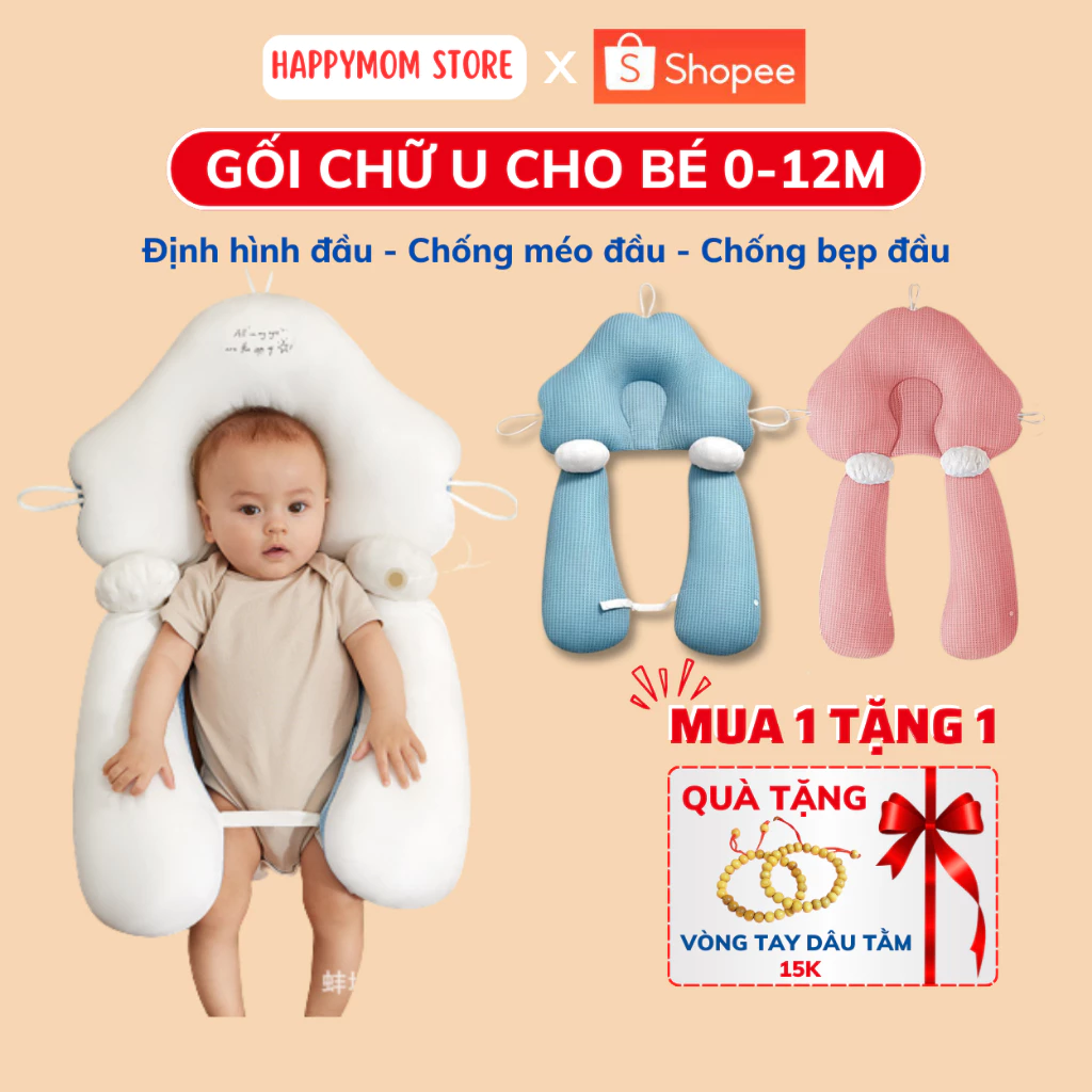 Gối chữ U cho bé sơ sinh Happymom chống giật mình chống méo đầu, có dây rút điều chỉnh 3 đầu giúp bé sơ sinh ngủ ngon