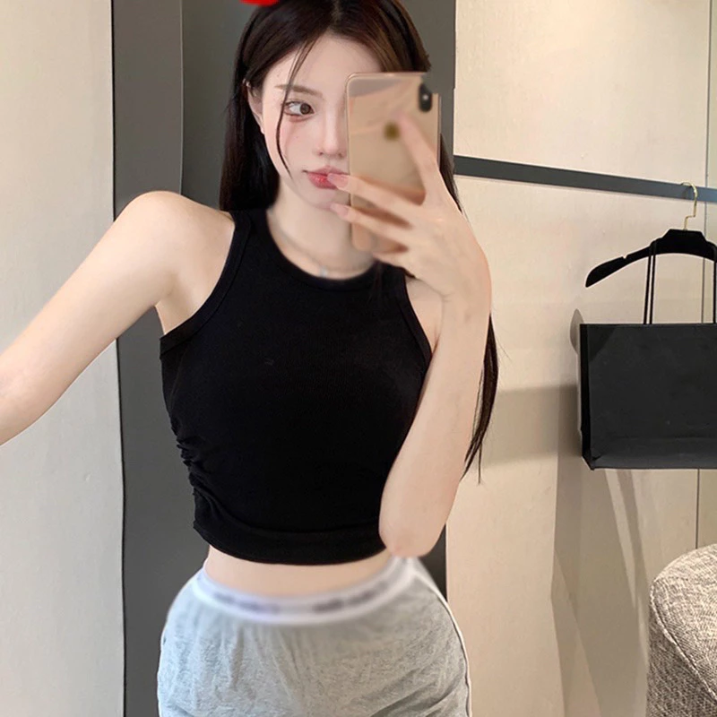 Áo ba lỗ nhúm eo, áo croptop, áo sát nách ôm body siêu tôn dáng, 3 màu trắng đen nâu, chất liệu thun tăm mát SS06