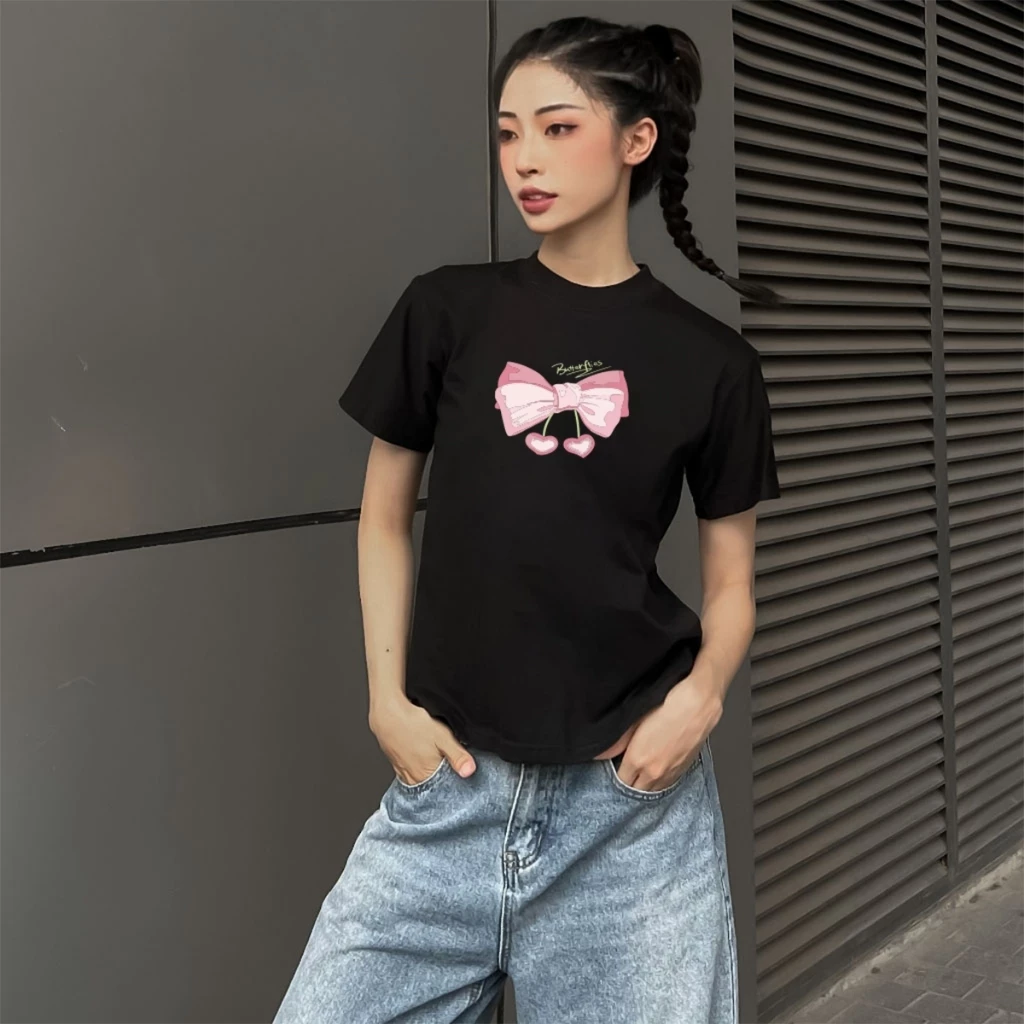 Áo baby tee Local Brand Basic 230gsm Cotton Nữ Cổ Tròn y2k ôm body Nơ Hồng Benefits [A248]