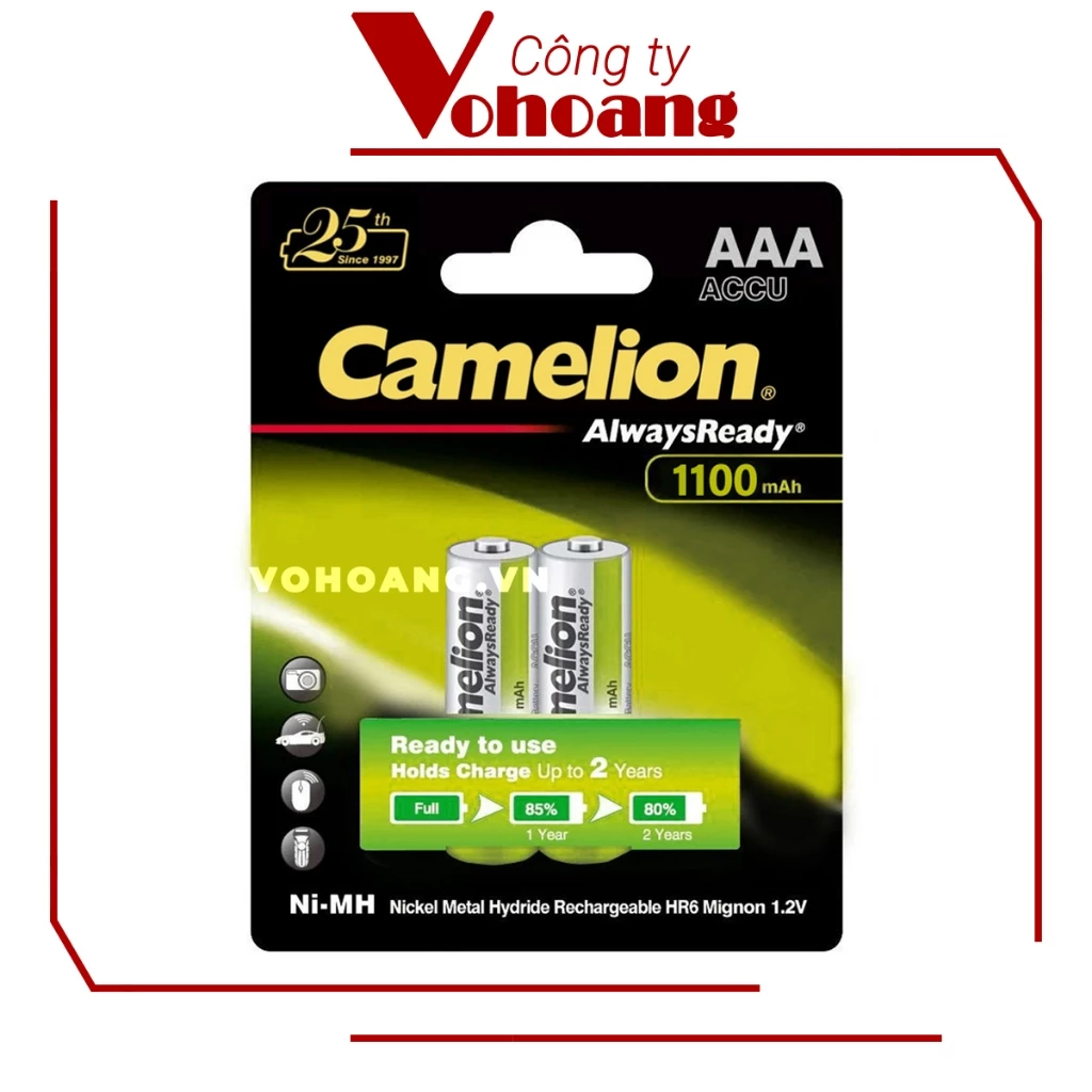 Bộ 2 pin sạc AAA Camelion 1100mAh - Chính hãng, dung lượng lớn, hiệu suất thực cao