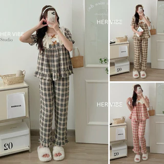 Bộ đồ ngủ pyjama nữ thu hè tay ngắn quần dài đũi caro , nhiều họa tiết siêu mềm thấm hút - Đồ mặc nhà pijama Her Vibe