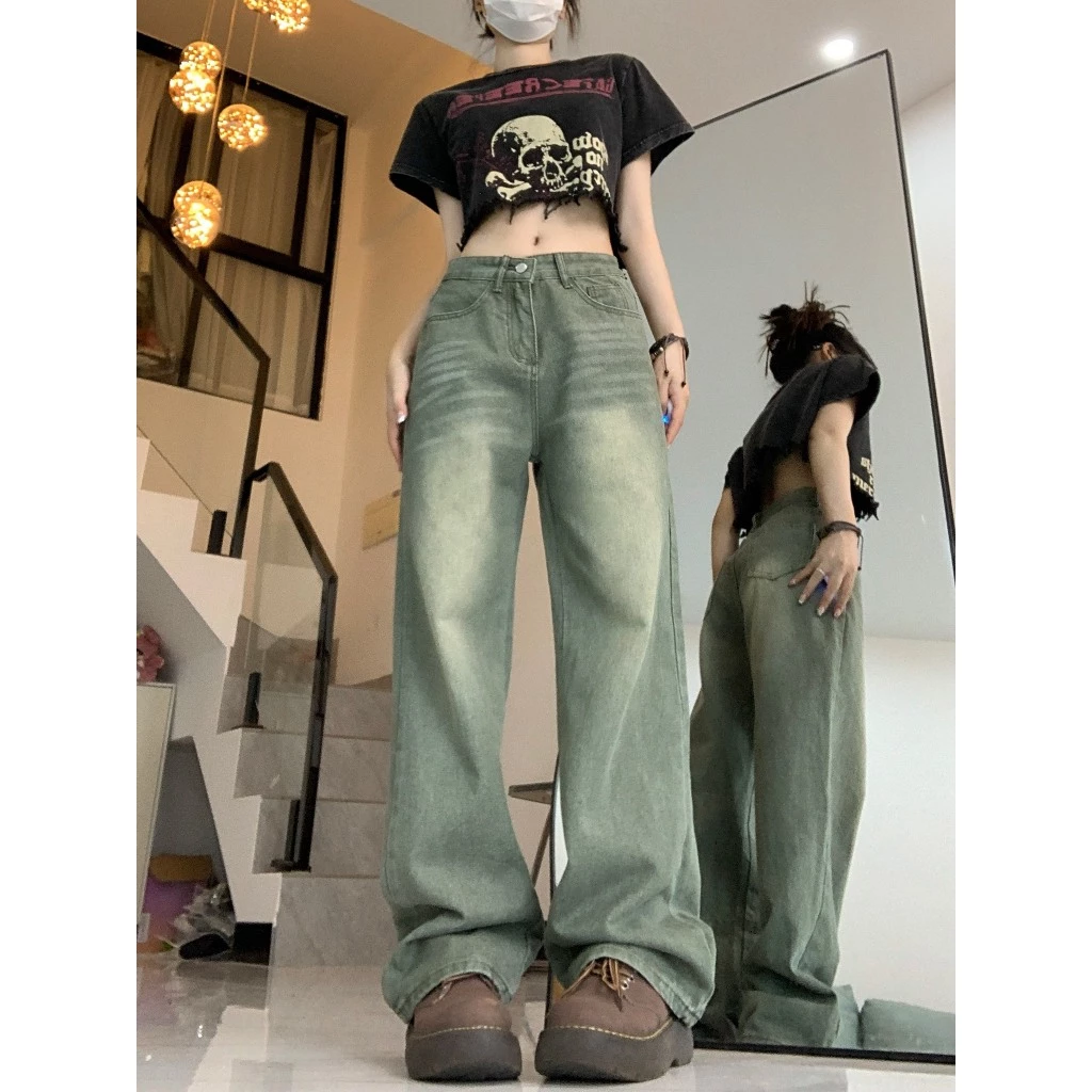 Quần jean nữ màu rêu phủ vàng phong cách retro, ống suông rộng basic, vải mềm không co giãn