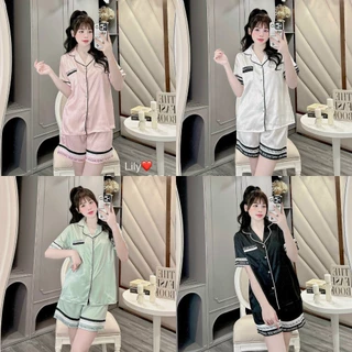 Bộ mặc nhà Pyjama nữ lụa vân cao cấp cổ cổ vạt viền chữ sang chảnh, Bộ ngủ Áo cộc + Quần đùi