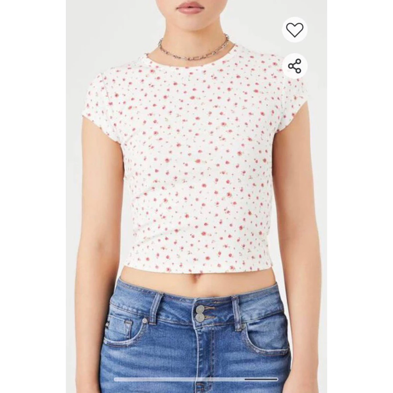 Áo croptop ôm, cổ tròn, thun cotton 4 chiều hoa nhí