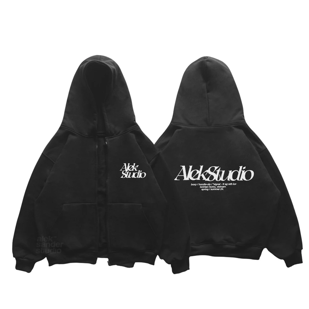 ÁO HODDIE BASIC UNISEX "SIGNAL" ZIPPER MÀU ĐEN FORM BOXY | ALEKSTUDIO