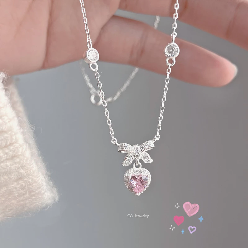 Dây chuyền vòng cổ nữ bạc s925  tim hồng to nơ đính đá DC294 Cá Jewelry