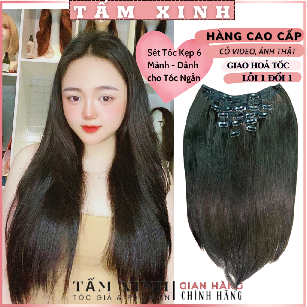 Tóc giả kẹp nữ đẹp, kiểu dáng sét 6 dải tóc giả thẳng làm dầy tóc dài 50 cm - SÉT 6 DẢI THẲNG