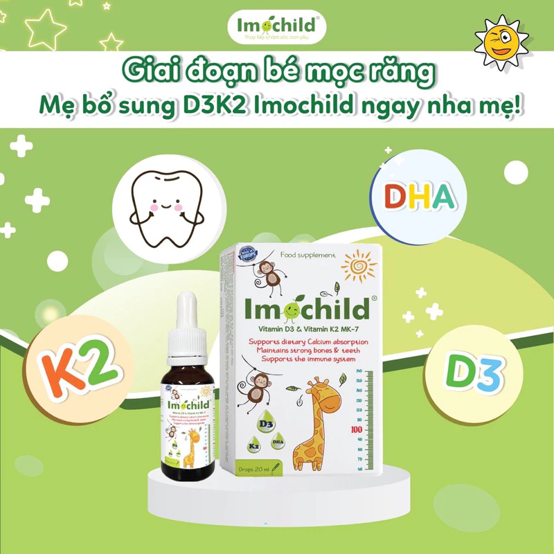Imochild D3K2 – Chai 20ml bổ sung vitamin D3, K2 và DHA phát triển hệ xương răng, não bộ cho trẻ em, trẻ nhỏ
