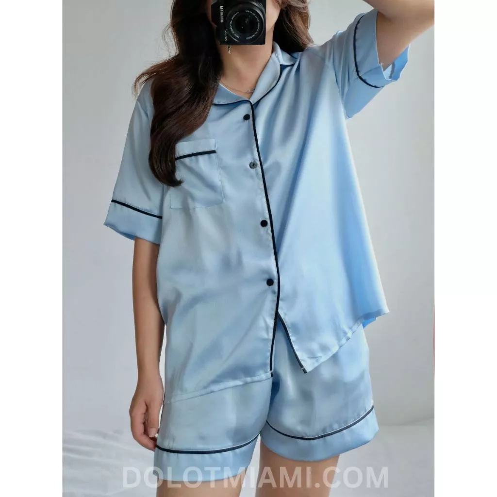 [ẢNH THẬT] Pijama lụa màu xanh biển thiên thanh - Đồ mặc ở nhà chất lụa latin