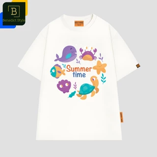 Áo thun tay lỡ unisex in chữ Summer time và các sinh vật ở đại dương Cá Voi Rùa Cua Sao Biển Sò Ocean shirt BND781