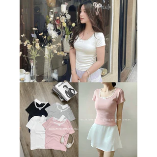 Áo Thun Kiểu Ngắn Tay Cổ Chữ U Phối Ren Đính Nơ Dáng Vừa Baby Tee Cotton Tăm Co Giãn Phong Cách Ngọt Ngào Basic