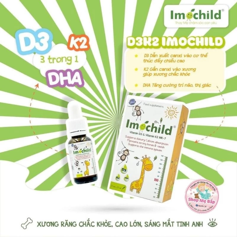 ( Có quà tặng) Vitamin D3K2 tích hợp DHA Imochild lọ 20ml dành cho bé