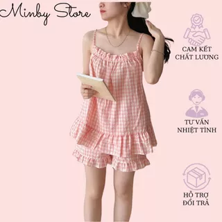 Y04- Set Babydoll 2 dây Kẻ Caro Thô Mềm Mại Ngực Nhún Bèo Xinh Xắn Cho Mùa Hè Minby Store