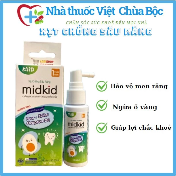 Xịt chống sâu răng cho bé midkid xanh hương nho 30ml giảm hôi miệng , ố vàng răng , sâu sún răng an toàn cho bé