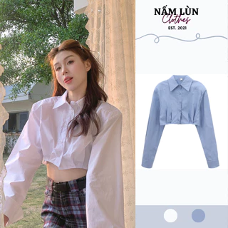 Áo sơ mi nữ Nấm Lùn Clothes Áo croptop Áo dài tay form rộng Áo kiểu gấp nếp Áo sơ mi trơn thời trang Hàn Quốc A034