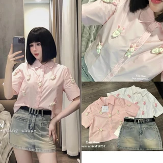 A256 Áo sơ mi croptop đính thỏ sang chảnh, áo kiểu nữ Hàn Quốc 2 màu pastel