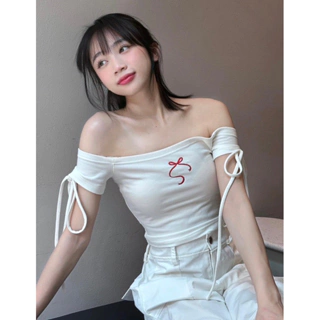 ENTYTY_ Áo trễ vai nữ thêu nơ đỏ mẫu mới chất cotton xịn co giãn