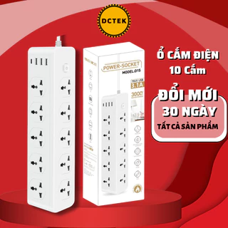 Ổ Cắm Điện D15 DCTEK 10 Cắm 3USB 1TypeC Chịu Tải 3000W An Toàn Chống Cháy Chống Giật, Dây Dài 5m Bảo Hành 6 Tháng