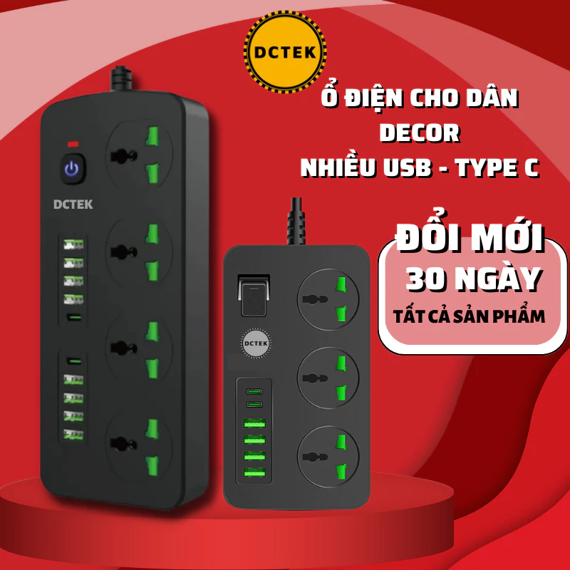 Ổ cắm điện đa năng tích hợp cổng USB Type C nhựa PC chống cháy chống giật dây nối dài 2m