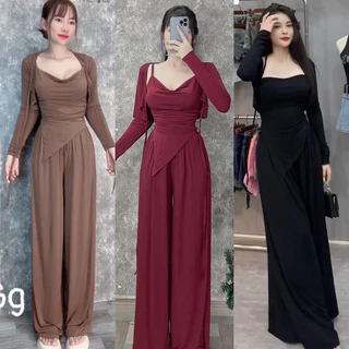 SET Bộ 3 MÓN GÂN TĂM Áo Cổ Đổ Vạt Nhọn Croptop + Khoác Ngắn + Quần Ống Xuông Rộng