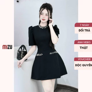 Váy Babydoll Dự Tiệc Sắc Đen Đính Đá Tay Cộc Bồng Cổ Tròn - Đầm Ôm Eo Có Bigsize Hàng Ngầy - Vải Tuyết Mưa 2 Lớp Mát DV